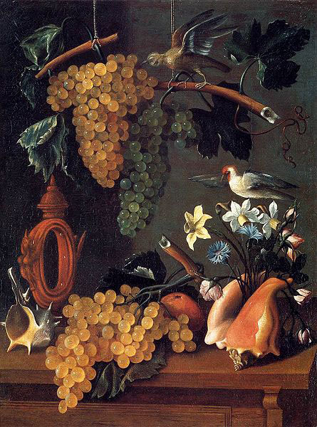 Juan de Espinosa Still-Life with Grapes, Flowers and Shells
